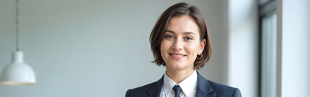 Betriebliche Altersvorsorge Porträt einer lächelnden Frau in einem dunklen Anzug mit weißem Hemd und Krawatte. Sie hat kurzes braunes Haar und steht vor einem hellen Hintergrund.